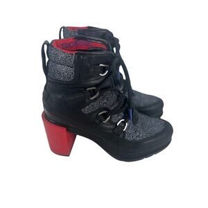 Sorel Blake Lace Shatter boots in black leather with a‎ red chunky heel